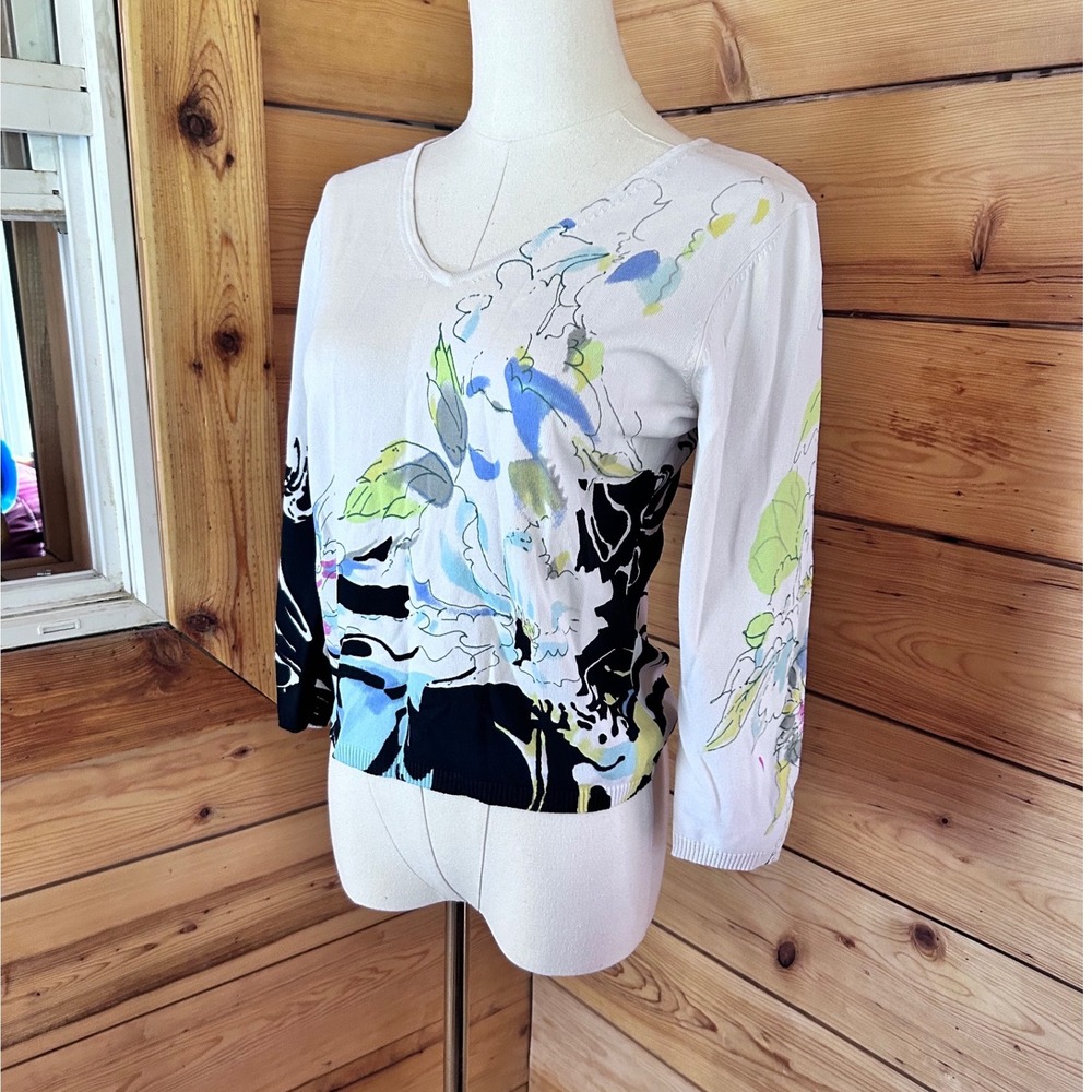V-neck‎ Abstract Floral Swirl Graphic Print Sweater Womens Small White Spanner - Picture 2 of 8